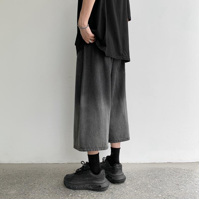 2026 Summer New Casual Calf-length Men's Jeans Pants Harajuku Elastic Waist Solid Color Baggy Jeans For Man