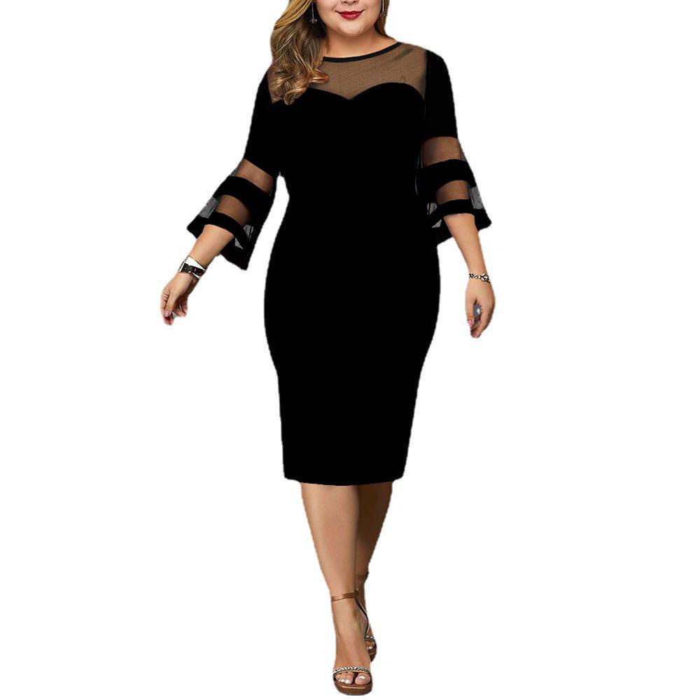 New Mesh Patchwork Plus Size Solid Color Women's Bodycon Dress