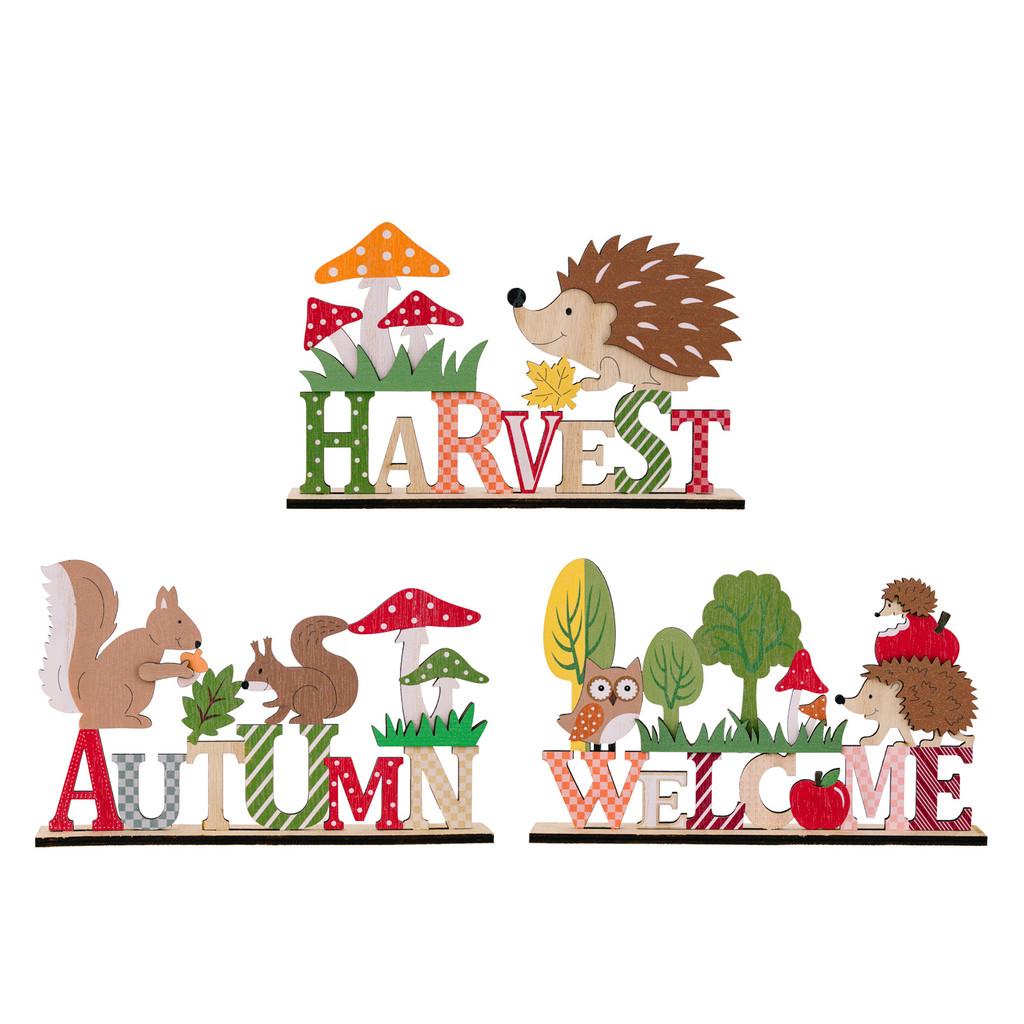 Stylish Harvest Season Wooden Animal Display Featuring Hedgehog And Designs Squirrel