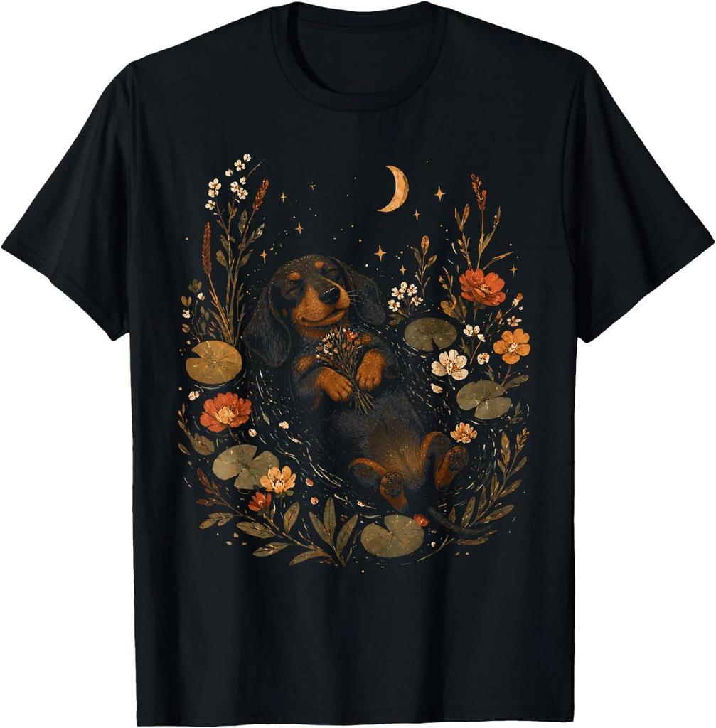 Dackel Süß Ästhetisch Goblincore Wildblumen Kunst Floral T-Shirt