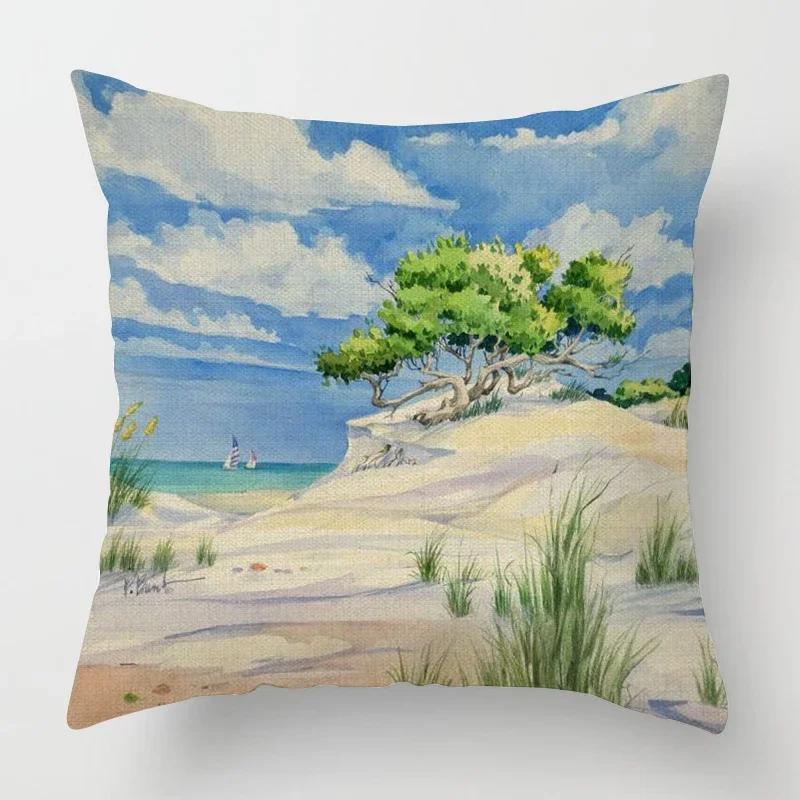 Beach landscape pattern throw pillow cover with short plush print for living room sofa decoration cushion cover pillow covers