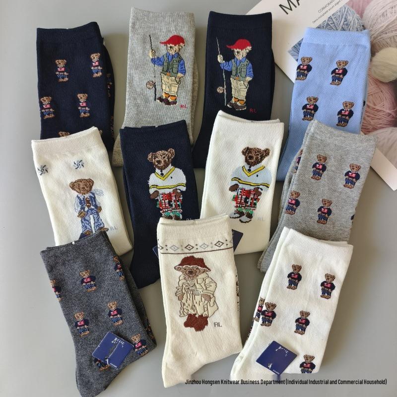 Trendy Little Bear Mid-Calf Women's Cotton Socks for Spring and Autumn