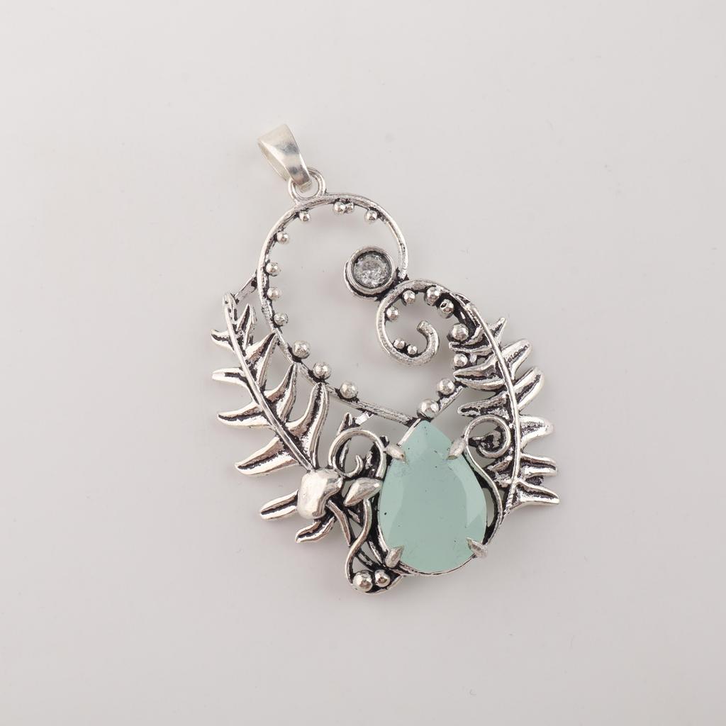 Aqua Chalcedony Gemstone 925 Sterling Silver Handcrafted Unique Pendant 1.8" CP-42-18