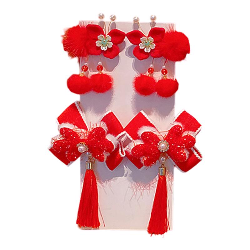 2024 Autumn/Winter Children's Red Hair Clips – Chinese Hanfu Style for New Year