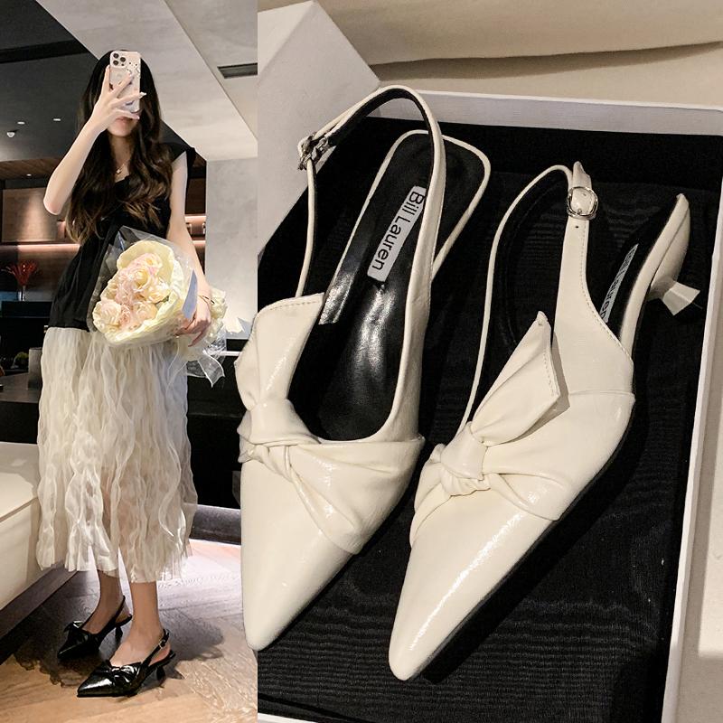 2025Luxury Pointy  Women's Bowknot Slingback Kitten Heels Black Pointed Toe Satin Slip On Low Heels Casual Dress Shoes