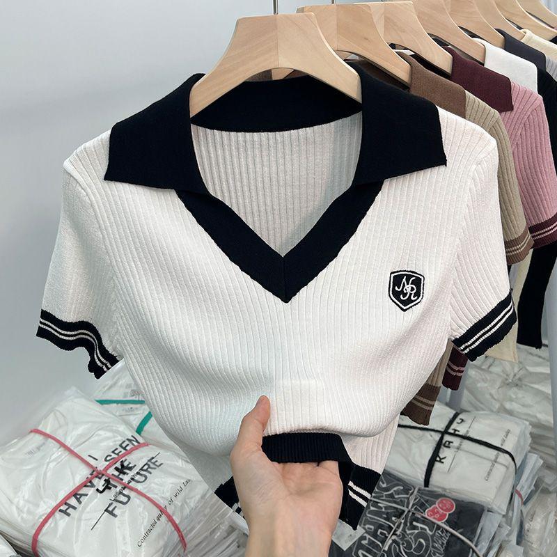 Chic Hong Kong Style Sweet & Spicy V-Neck Polo Knit Top - Women's Summer Short-Sleeve T-Shirt
