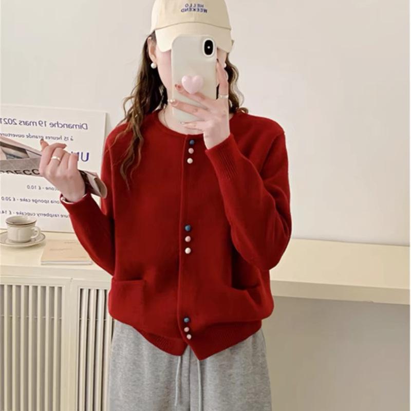 Lazy wind crew neck knitted cardigan 2025 autumn new fashion foreign style sweater jacket women's Korean version loose top