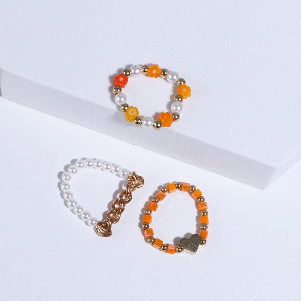 Sweet Elastic Flower Love Heart Acrylic Pearl Party Jewelry Finger Ring Set Women Ring Beaded Rings