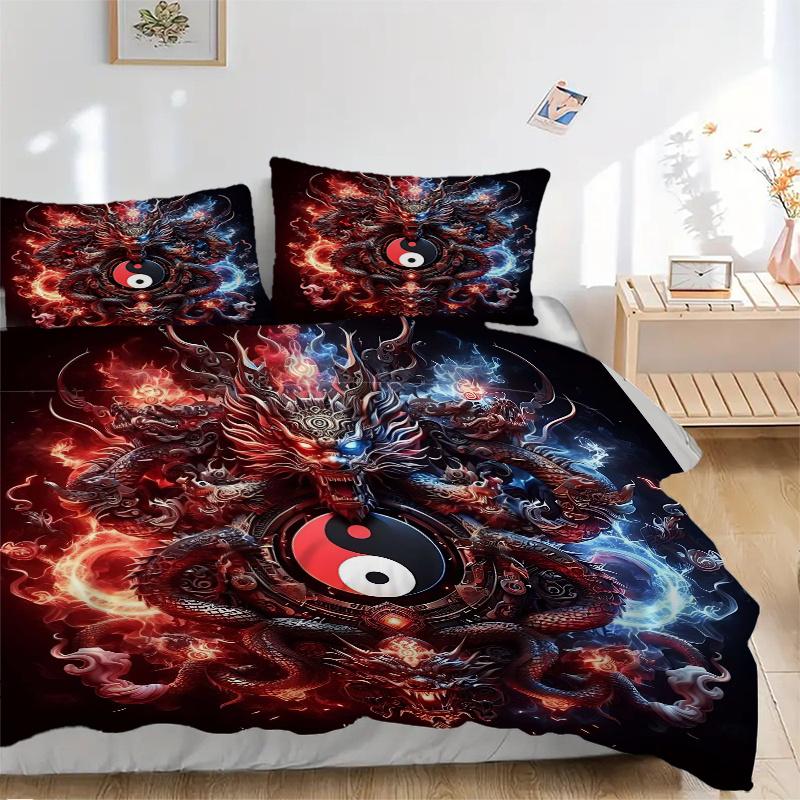 3pcs Fire and Ice Yin Yang Dragons Bedding Set - Includes Quilt Cover and Pillowcases, Suitable for All Seasons,