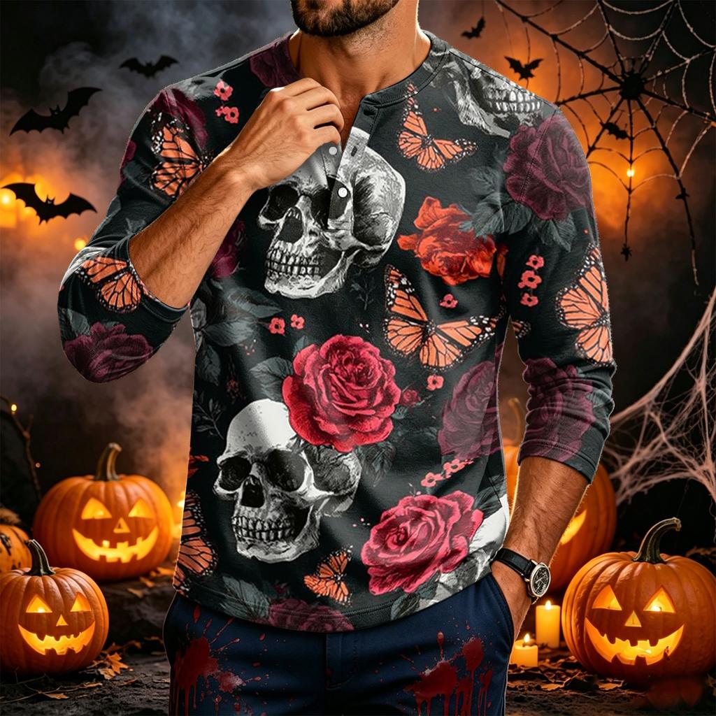 Men's Long Sleeve Shirt with Halloween Print for Casual Everyday Wear