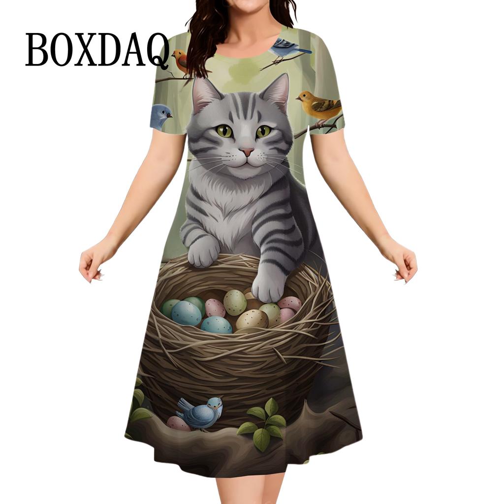 Women's 3D Graphic Animal Cat Dress Short Sleeve 3D Print Summer Dress Casual Daily Holiday Cute Loose Dress New