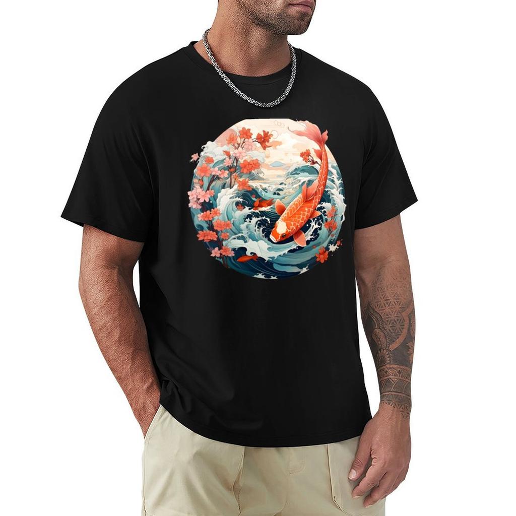 Koi Wave In Japanese Style Tshirt Work Daily Short Sleeve Top