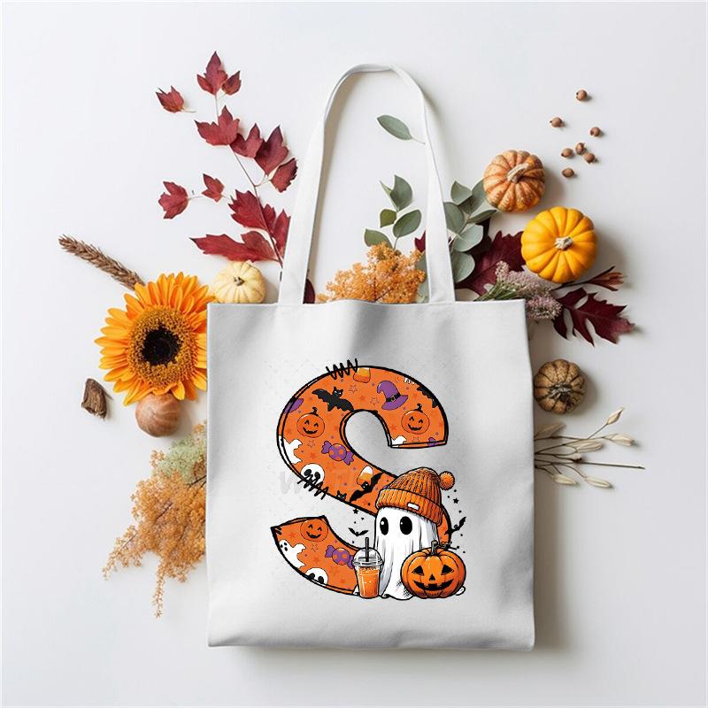 Halloween 26 Letter Cartoon Print Peripheral Student Tote Bag Large Capacity Canvas Bag