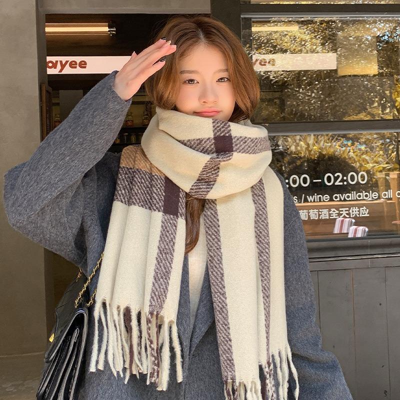 2025 Korean imitation cashmere scarf women's autumn and winter high-end warm shawl cute versatile plaid scarf