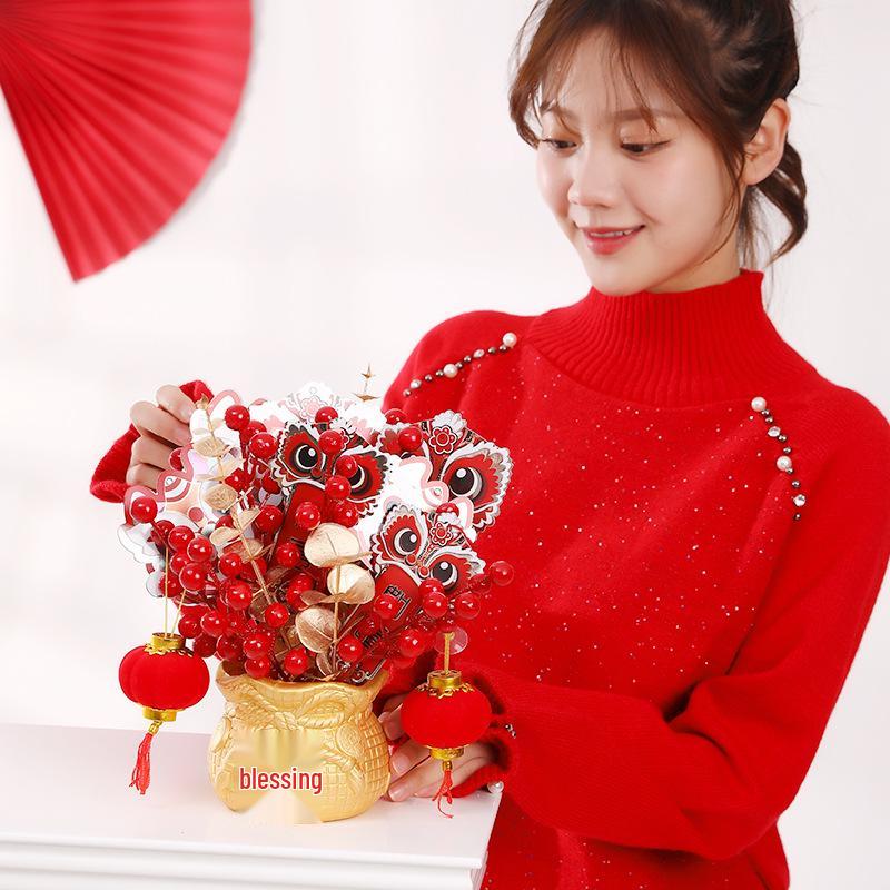 2025 Spring Festival New Year Fortune Bucket: Fu Character Ornament with Artificial Red Fruit and Flowers