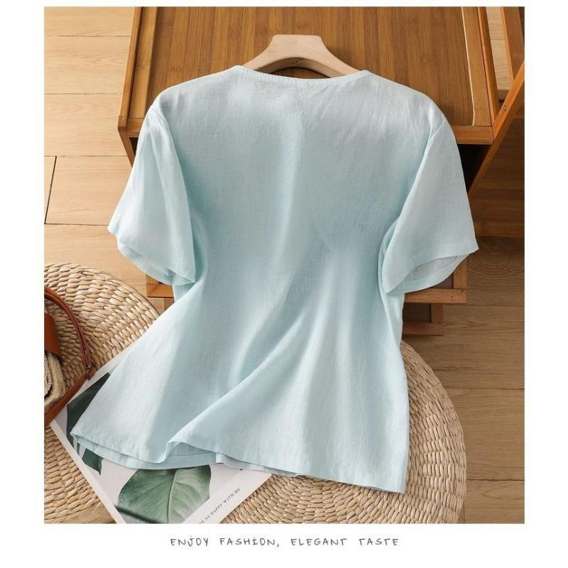 Summer Simple Shirt Women Literary Retro Round Neck Chinese Style Oblique Placket Embroidered Disc Button Short Sleeved Loose Top