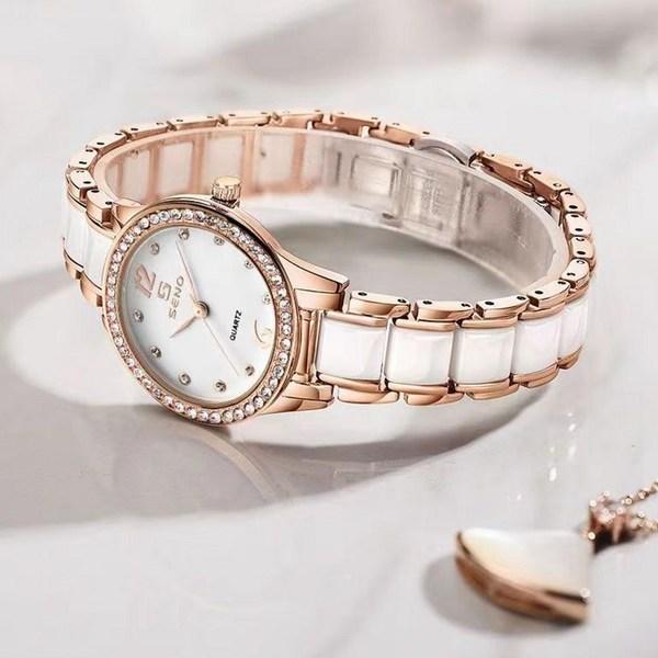 Ceas din metal pentru femei Sevalo seno cu bandă ceramică, ceasuri populare coreene