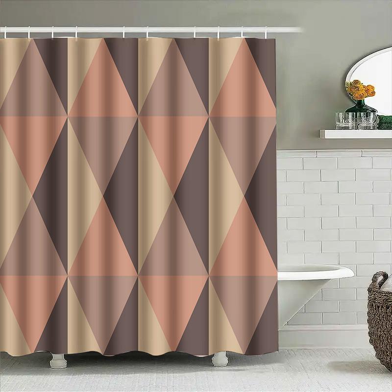 Modern Geometric Shower Curtain Bathroom Decor Pink Beige Brown Color Block Design Waterproof Fabric Shower Caddy