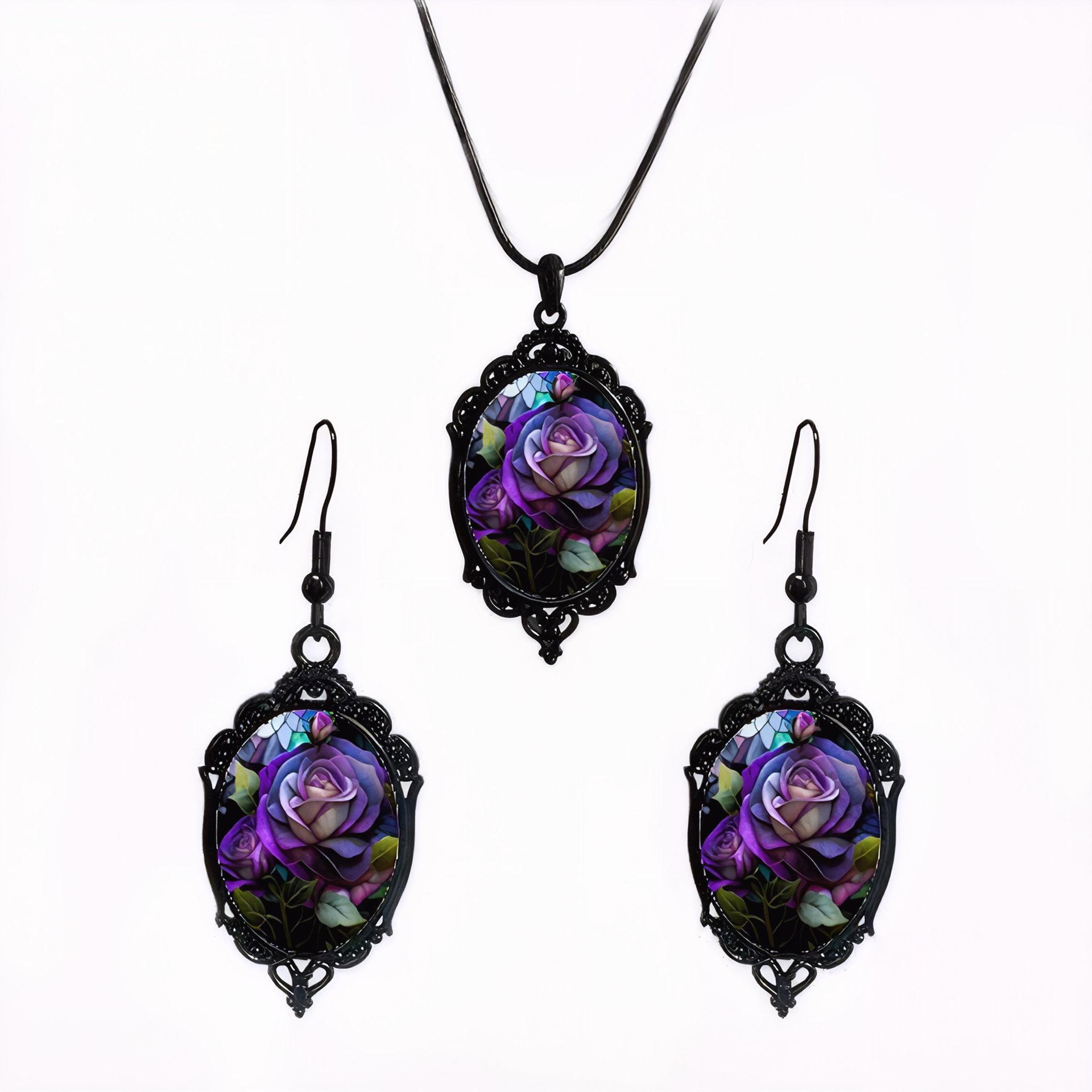 Flower Pattern Black Frame Glass Pendant Earrings, Necklace Set