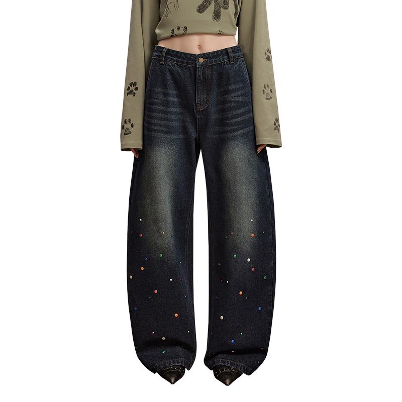 

UNIFREE 2025 Autumn Washed Denim Wide-Leg Curved Jeans with Colorful Rhinestones XL
