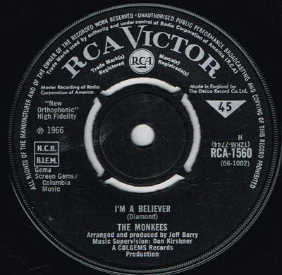 7inch Record MONKEES - I'm A Believer RCA1560 RCA Victor 1966 UK Rock Used