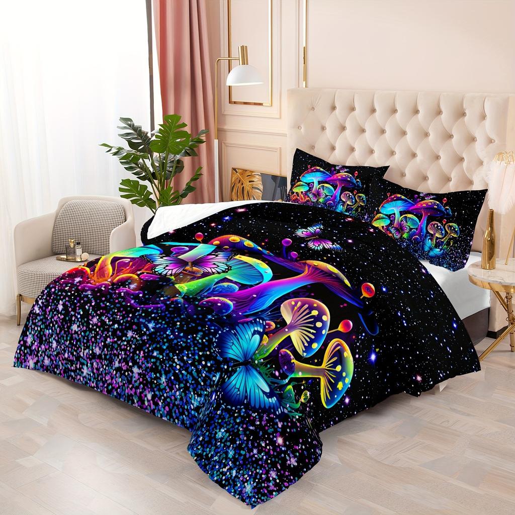 Mushroom Comforter Set Colorful Sparkle Natural Wild Fungus Bedding Set Botanical Plants Duvet Set Butterfly Comforter