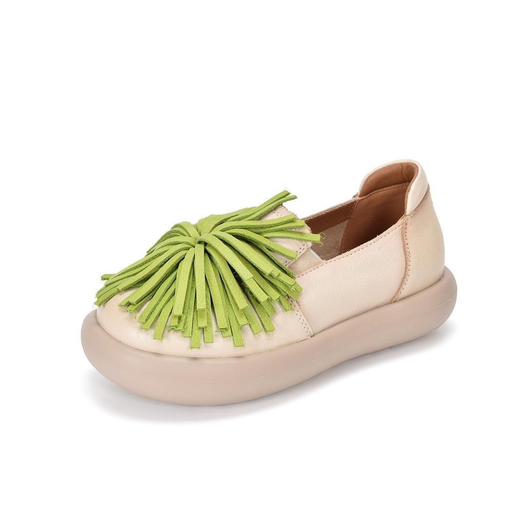 Johnature Genuine Leather Thick Soled Women's Shoes Comfortable Retro Handmade Tassel Slip-on Shoes