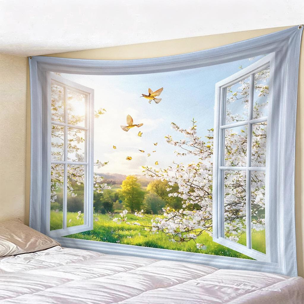 Window View Tapestry Wall Hanging, Scenic Nature Landscape Backdrop, Artificial Window Wall Decor for Bedroom Living Room