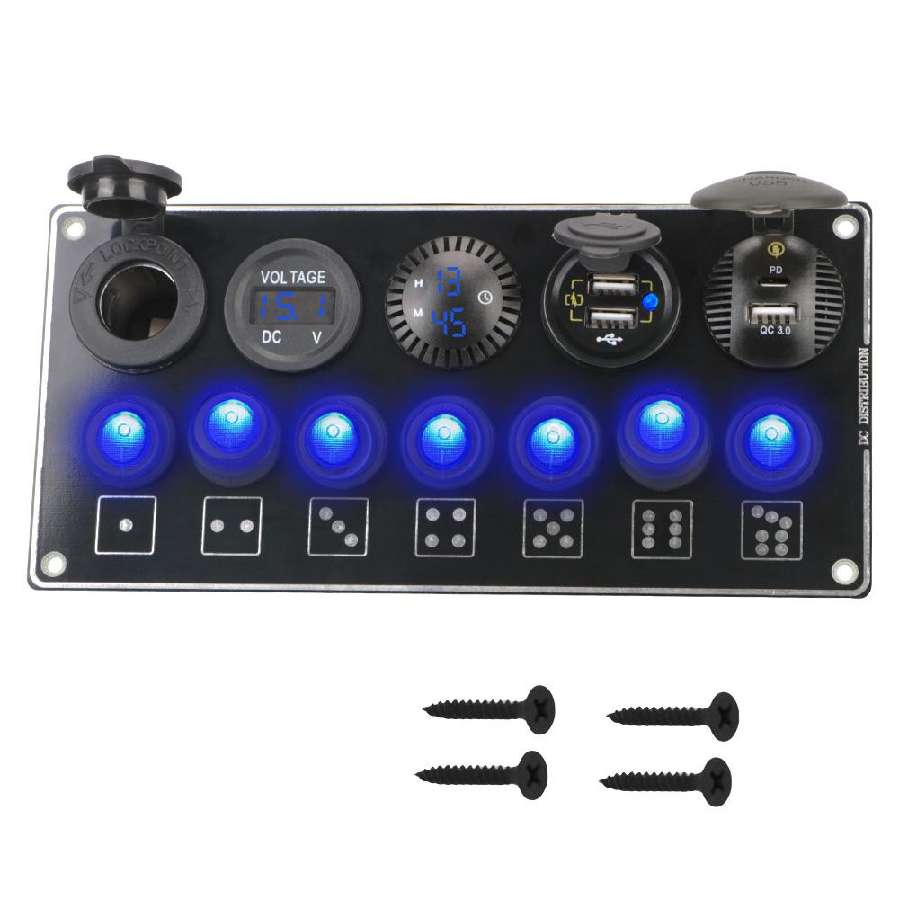 

Панель переключателей для автомобиля с быстрой зарядкой QC3.0 и PD, тумблер включения-выключения для грузовика, лодки, автодома, 7 переключателей, прикуриватель, двойное USB-гнездо синий