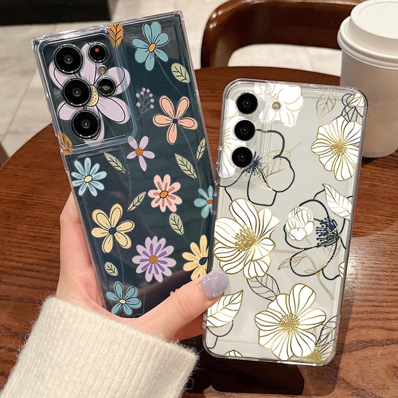 Creative Flowers Pattern Phone Case For Samsung Galaxy S26 S25 S24 S23 Ultra S22 Plus S24 S21 FE S25Edge Transparent Soft Cover