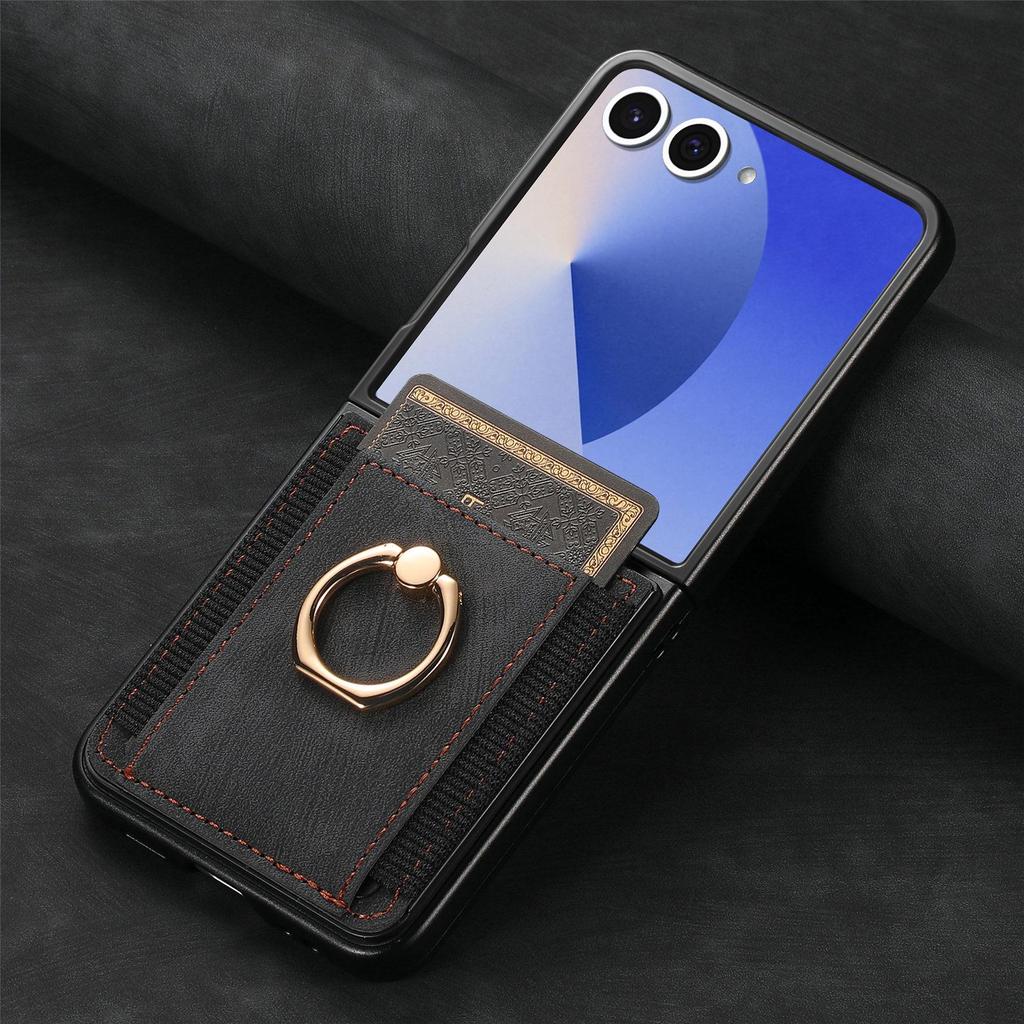 Samsung Z Flip 7 FE Leather Ring Wallet Case with Card Holder and Stand