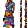 Women's Casual V Neck Short Sleeve Dress Halloween Print Floral Pattern Mid Length Dress with Waist Tie for Everyday Wear