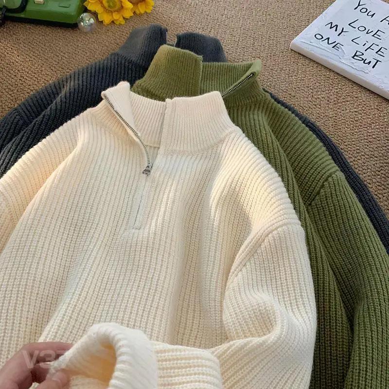 Men's Half-Zip Korean Style Loose Fit Knitted Sweater Solid Color Pullover Top Casual Scene