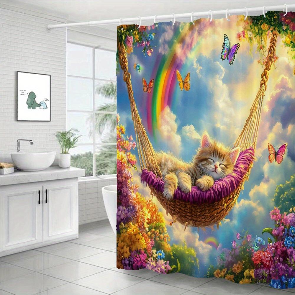 Adorable Cat in Hammock Waterproof Mildew-Resistant Shower Curtain - Rainbow Butterfly Design for a Magical Bathroom Décor