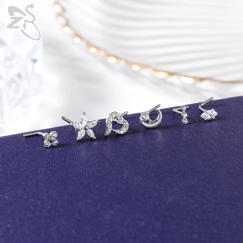 ZS 1 Piece Cute CZ Crystal Nose Stud L-Shape 20g Stainless Steel Nose Piercings Flower Moon Heart Shape Zircon Nostril Piercing