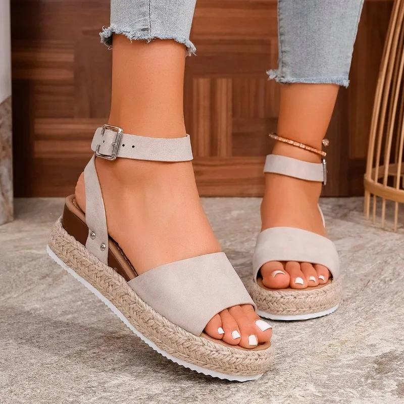 2025 Summer Women's Ankle-Wrap Rome Sandals Platform Buckle Strap Wedges Non-Slip Plus Size Soft Sole for Beach & Daily Casual