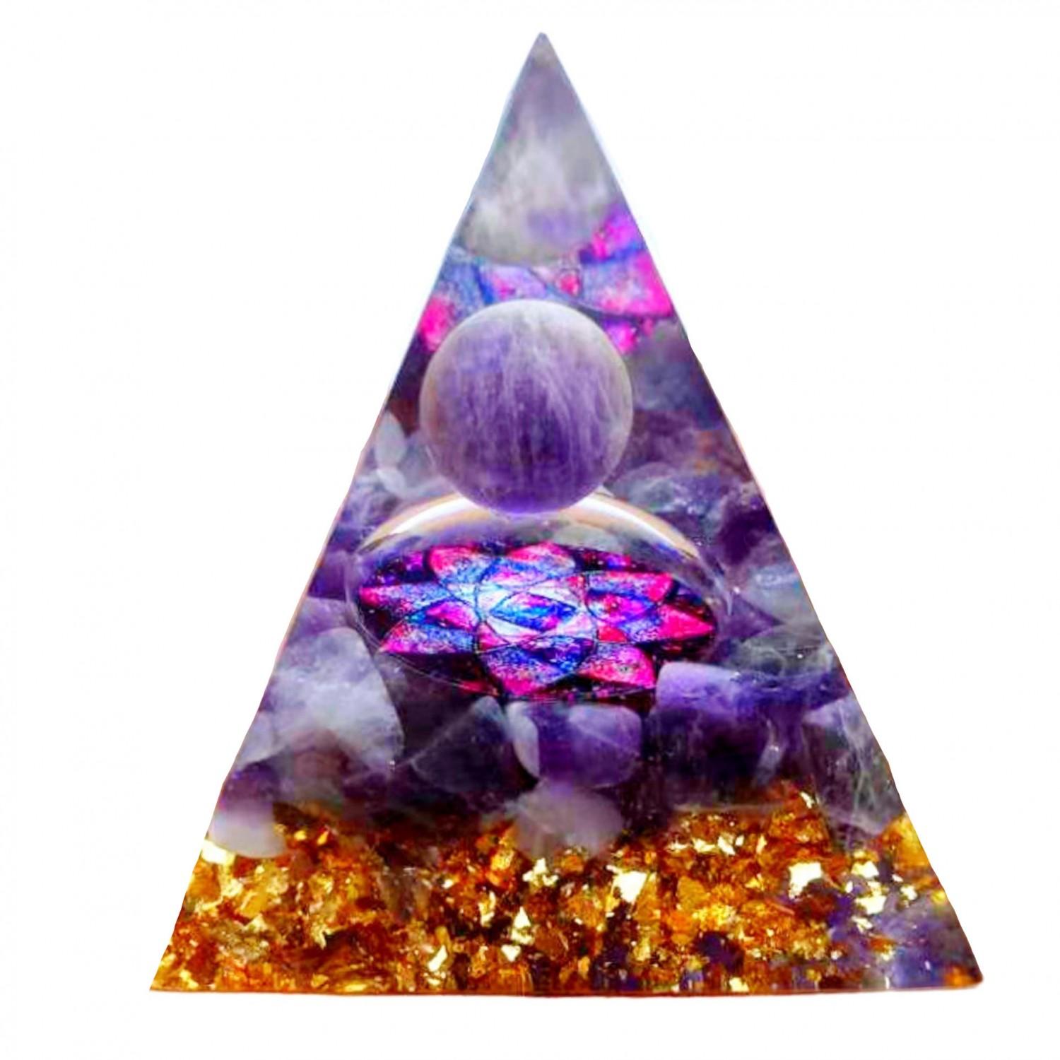 Pyramide orgonite orgone en résine et boule améthyste motif fleur orgo2 6cm