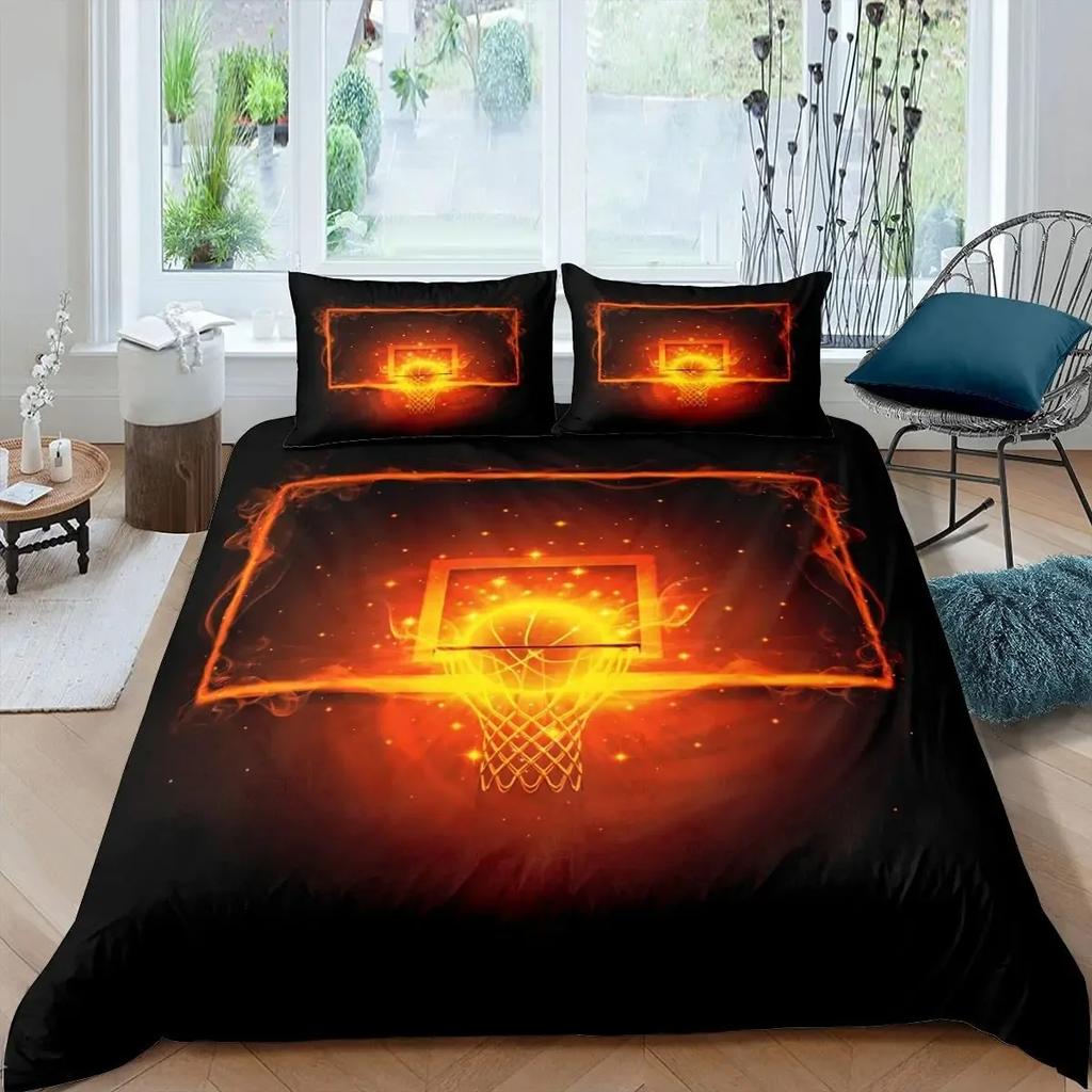 Basketball Duvet Cover Set Black 3D Ball Sports Theme Bedding Set Microfiber Basketball Court Competitive Games King Quilt Cover