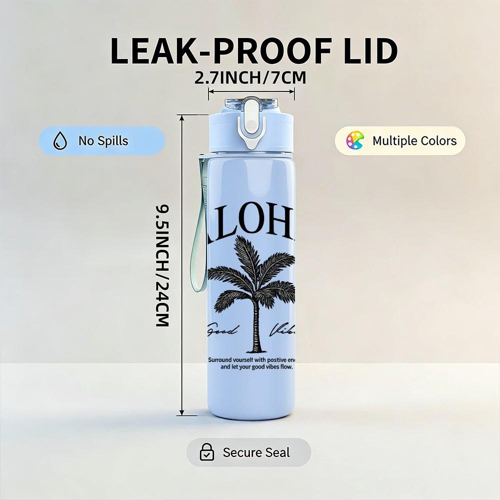 1PC Aloha Palm Tree Tropical Badge Print 750ml Color Plastic Sports Water Bottle Leakproof Flip Straw Lid Suitable for Sports Office Home Use