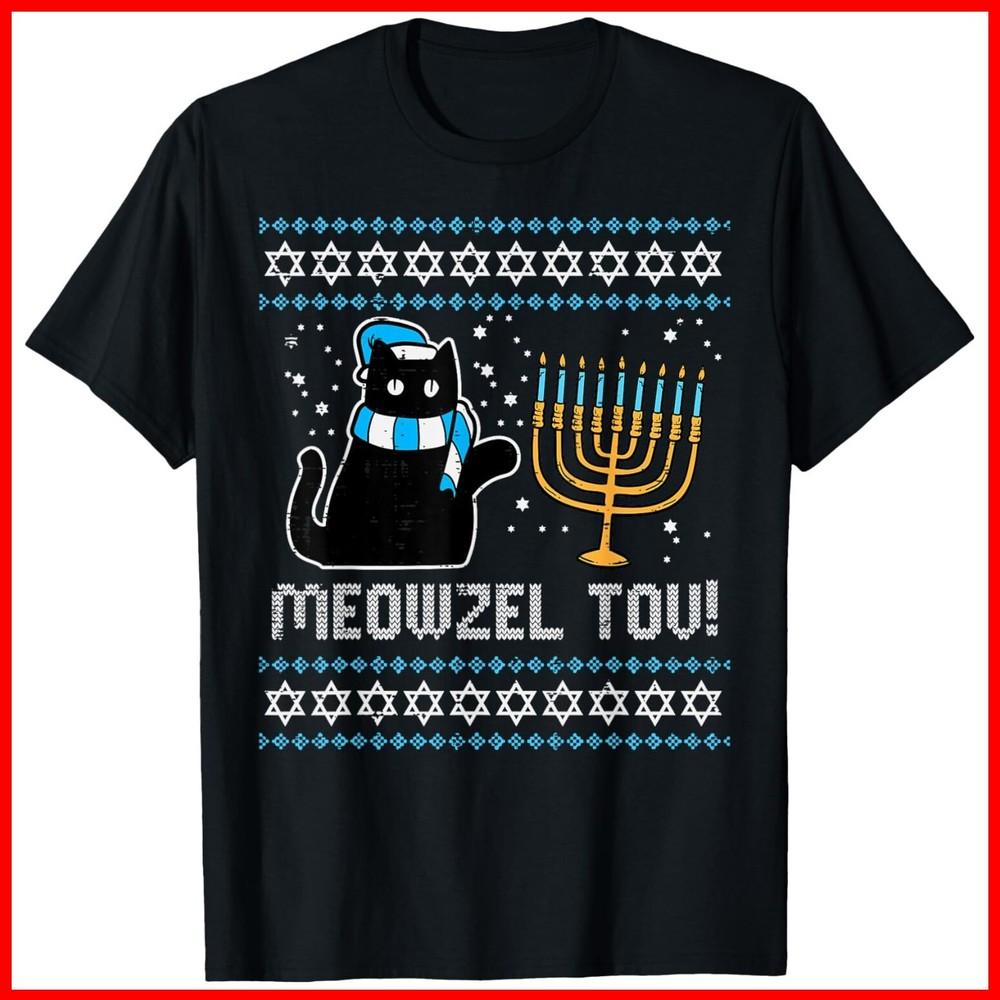 Meowzel Tov Black Cat Funny Hanukkah Chanukah Black Cotton T-Shirt Unisex T-Shirt L