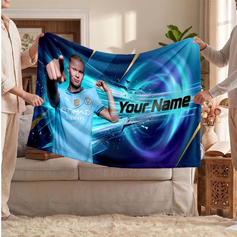 Erling Haaland Personalisierte Fleecedecke Mit Fußballlogo, Individueller Name Text Weich Warm Wohnzimmer Überwurfdecke