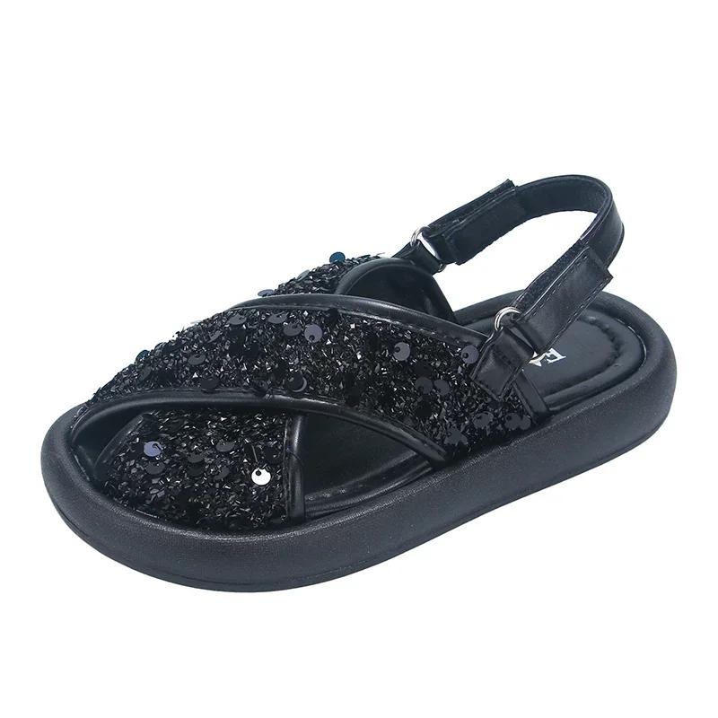 Girls' Fashion Sandals with Sparkling Sequins 2024 Summer Kids Versatile Princess Sandals Girls Peep Top Beach Shoes Outdoors