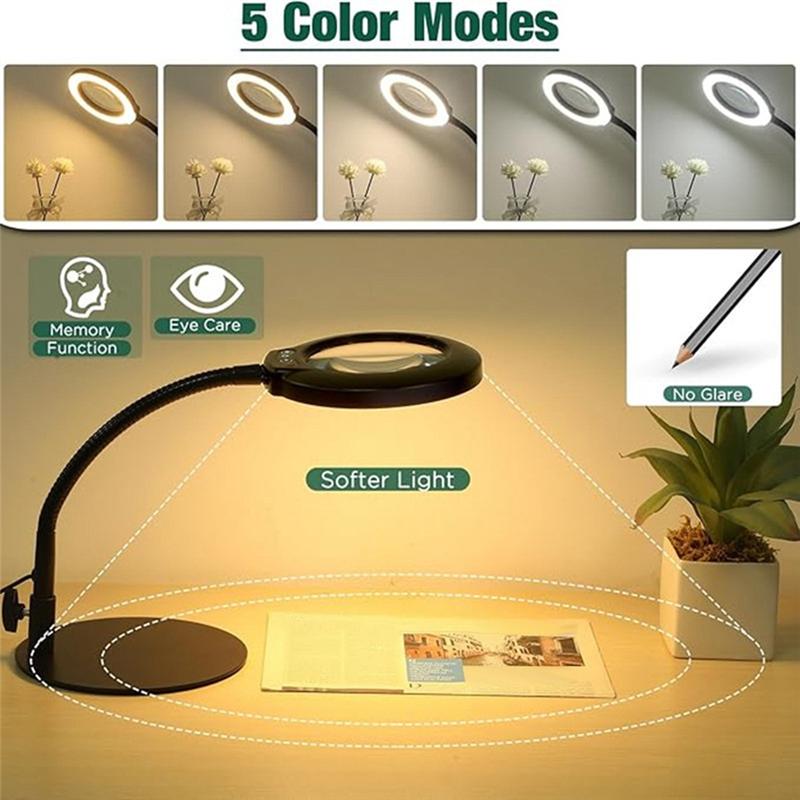 Flexible Gooseneck Lighted Magnifier With Stand 5 Color Modes Dimmable USB Reading Eye Protection Study Lamp