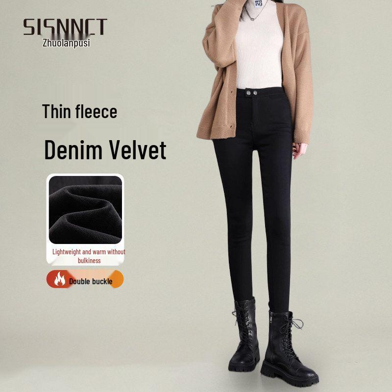 Women's Black Lambswool Leggings: Warm, Thickened Fleece-Lined, Slim Pencil Style, Ideal for Autumn/Winter 2025
