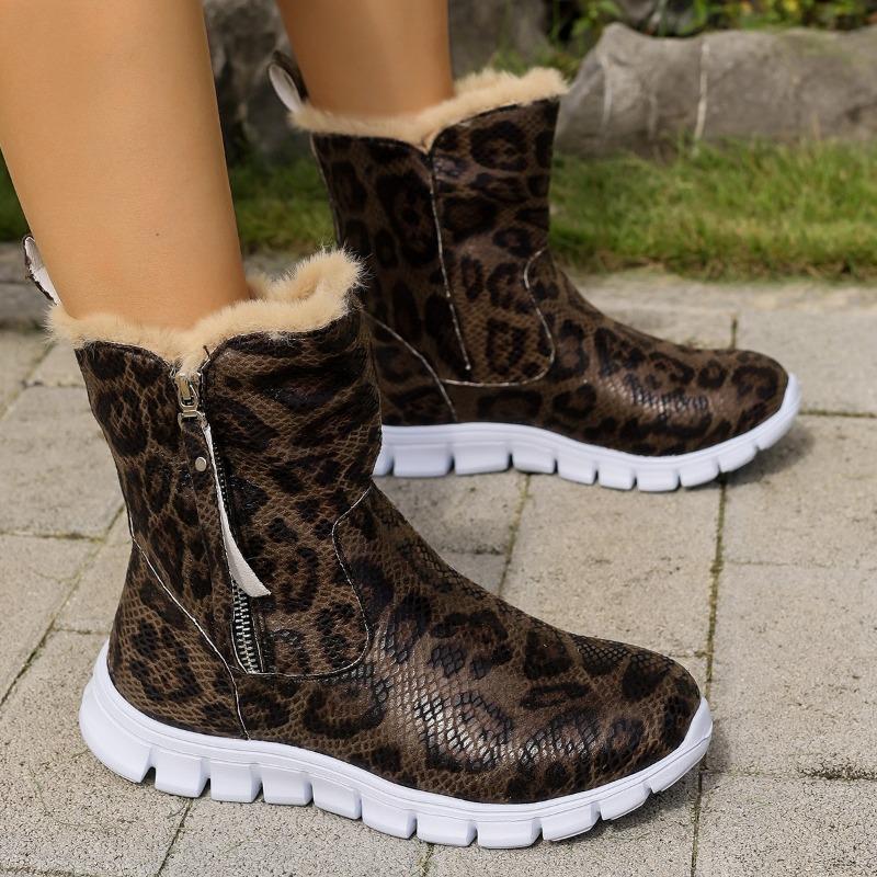 Fashion Winter New Flat Shoes Women's Fashion Round Head Side Zipper Snake Soft Sole Anti-slip Wear-resistant Short Boots