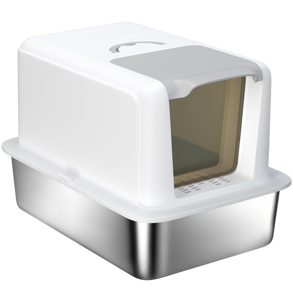 Stainless Steel Cat Litter Box with Removable Lid, Scoop, Filter Bags, for Larger Cats, White