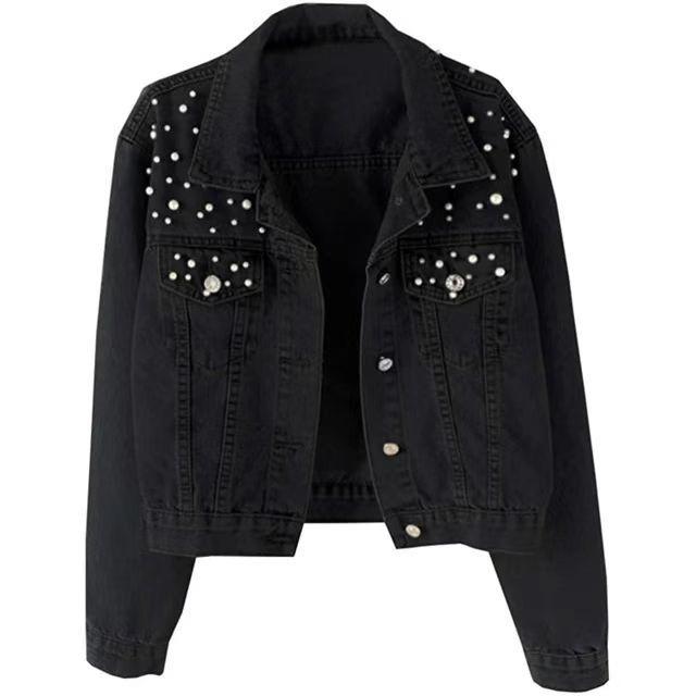 Women's Plus Size Beaded Rhinestone Denim Jacket - Light Blue, Loose Fit