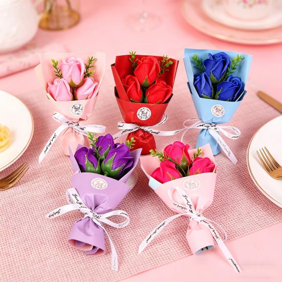 3 Heads Artificial Rose Bouquet Mini Scented Soap Flower Bouquet for Women Mom Wife Valentine's Day Anniversary Wedding Mother's Day Birthday Gift