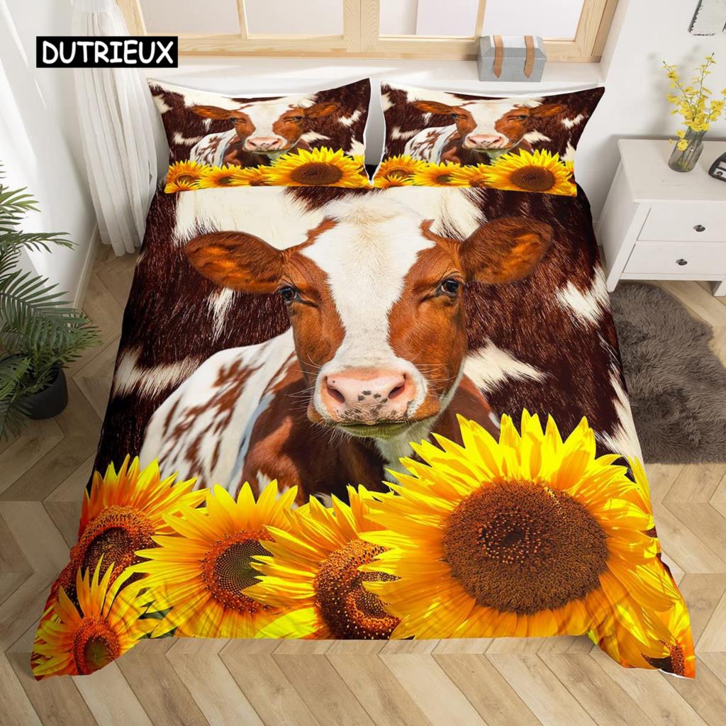 Bettbezug-Set mit Kuh-Motiv, rustikales Vintage-Bettwäsche-Set für Western-Wildtiere, für Kinder und Jungen, Polyester, Steppdeckenbezug, Doppelbett, Queensize-Bett, Kingsize