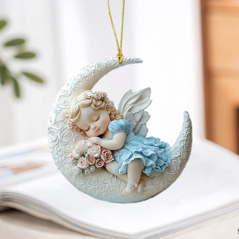 2D Flat Acrylic Angel Baby On Moon Sculpture Hanging Pendant Charm Christmas Tree Ornament Car Interior Decors Gifting